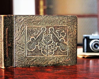 Leather Photo Album - Tooled Album - Vintage Family Album - Brown Wedding Album - Embossed Leather Photos Cover - Small Photoalbum
