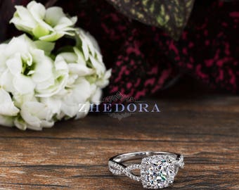 Cushion Cut Engagement Ring in Solid 14k or 18k White Gold Bridal by Zhedora, White Gold Cushion Engagement Ring, Halo Cushion Ring