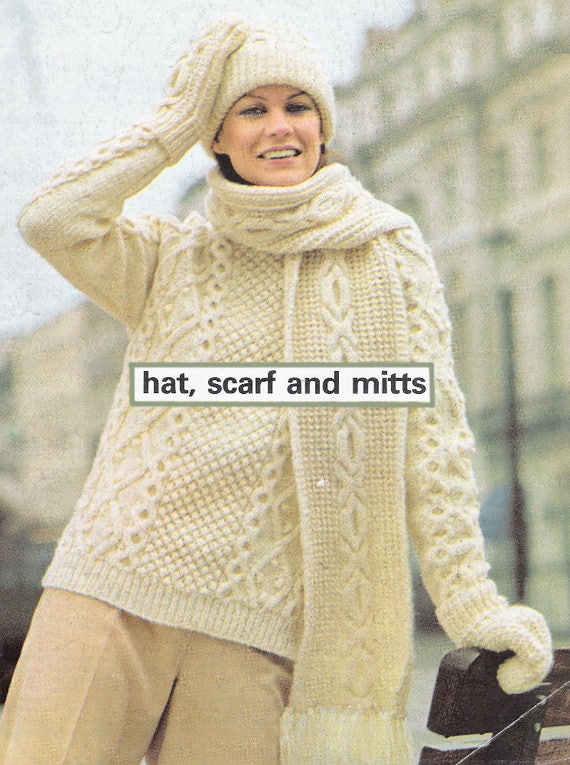 PDF vintage Aran/Irish knitting pattern Scarf Hat and