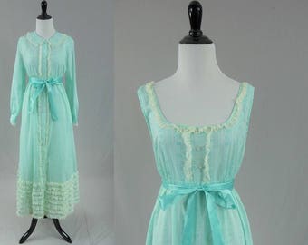 60s Peignoir Set - Blue White Cotton Blend - Satin Ribbon - Robe Nightgown - Lady Weldon - Vintage 1960s - M