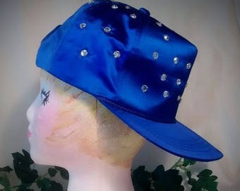 ON SALE Royal Blue Satin Vintage Baseball Hat with Crystals