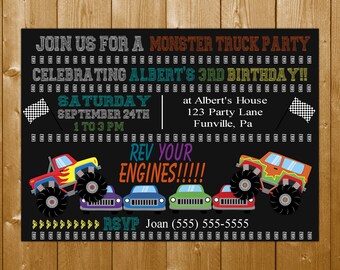 Monster Truck Invitation, Boy Party Invitation, Birthday Party Invitation with Monster Trucks Free Thank You Note
