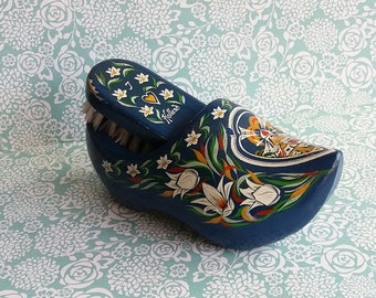 1960s Vintage Blue Clog and Clothes Brush Set - Souvenir from Holland - Wall Mount - Hand Carved Folk Art