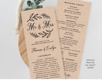 Wedding Program Template, Printable Order of Service, Ceremony Program, Instant Download, 100% Editable, Mr & Mrs, Rustic Kraft #027-205WP
