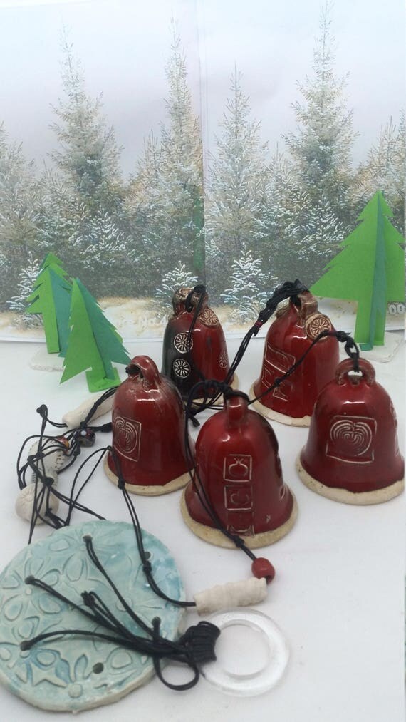 Set 5 red Xmas bells Gift Ceramic bell pottery bell Xmas
