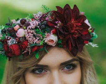 Ready to ship Burgundy flower crown Burgundy wedding Hair wreath Boho flower crown Burgundy bouquet Unique flower crown Burgundy head piece