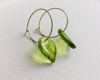 Green Leaf Earrings, Glass Leaf Earrings, Hoop Earrings, Leaf Earrings, Summer Earrings, Spring Earrings, Chartreuse Earrings, Green