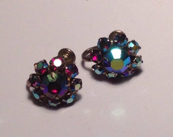 Anniversary Sale Vintage Aurora Borealis Clip Earrings