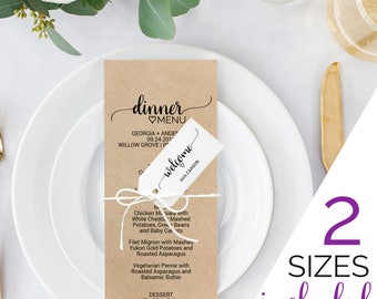 Printable Wedding Menu Template: Rustic Wedding Dinner Menu Cards and Simple Calligraphy Place Card Tags, Instant Download Editable PDF K008