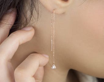 Diamond Birthstone Earrings, 14K Gold Earrings, Rose Gold, April Birthstone Earrings, Gold Chain Earrings, White Triangle Diamond Threaders