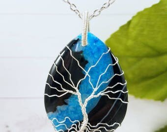 Family Tree Jewelry, Tree-Of-Life Necklace, Blue Agate Pendant, Healing Crystal, Silver Wire Wrapped Tree, Gift For Her, Womens Jewelry