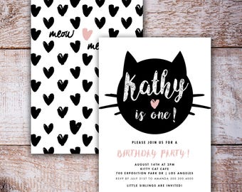 Cat Birthday Invitation, Printable, Black Cat Party Theme, Cat Theme, pink heart, Halloween Party, Meow Kitty Cat Printable