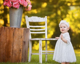 Shabby Chic Lace Christening Dress, Girls Baptism Gown, Country Christening Dress, Rustic Baby Dress, Baptism Dress, Lace Baptism Dress