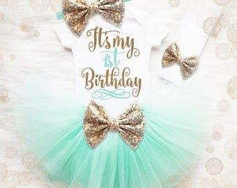 1st Birthday Shirt | 1st Birthday Girl Outfit | First Birthday Tutu Set | Cake Smash Outfit | Mint Gold Tutu | Gold Birthday Shirt