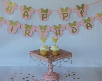 Pink Minnie Mouse Birthday - Minnie Mouse Decorations - Minnie Mouse Birthday Banner - Pink and Gold Minnie Mouse Birthday
