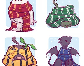 Hogwarts Creatures in Scarves Stickers and/or Print (8x8, 6x6) Gryffindor, Hufflepuff, Ravenclaw, Slytherin