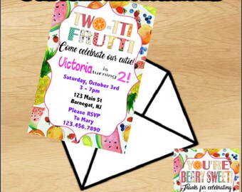 Set of 12 Twotti Frutti Birthday Invitation, Tutti Frutti, Two-tti Frutti, Fruity, 2nd Birthday, FREE envelopes, Thank You Card