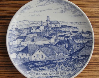 Vintage PORSGRUND POTTERY, Norway - Blue & White Round Plate Breviks Kirker - Limited Edition Plate – Norwegian Church Scandinavian Pottery