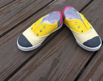 pencil shoes, back to school shoes, PreK shoes, pencil shoes, hand painted shoes, toddler & youth size