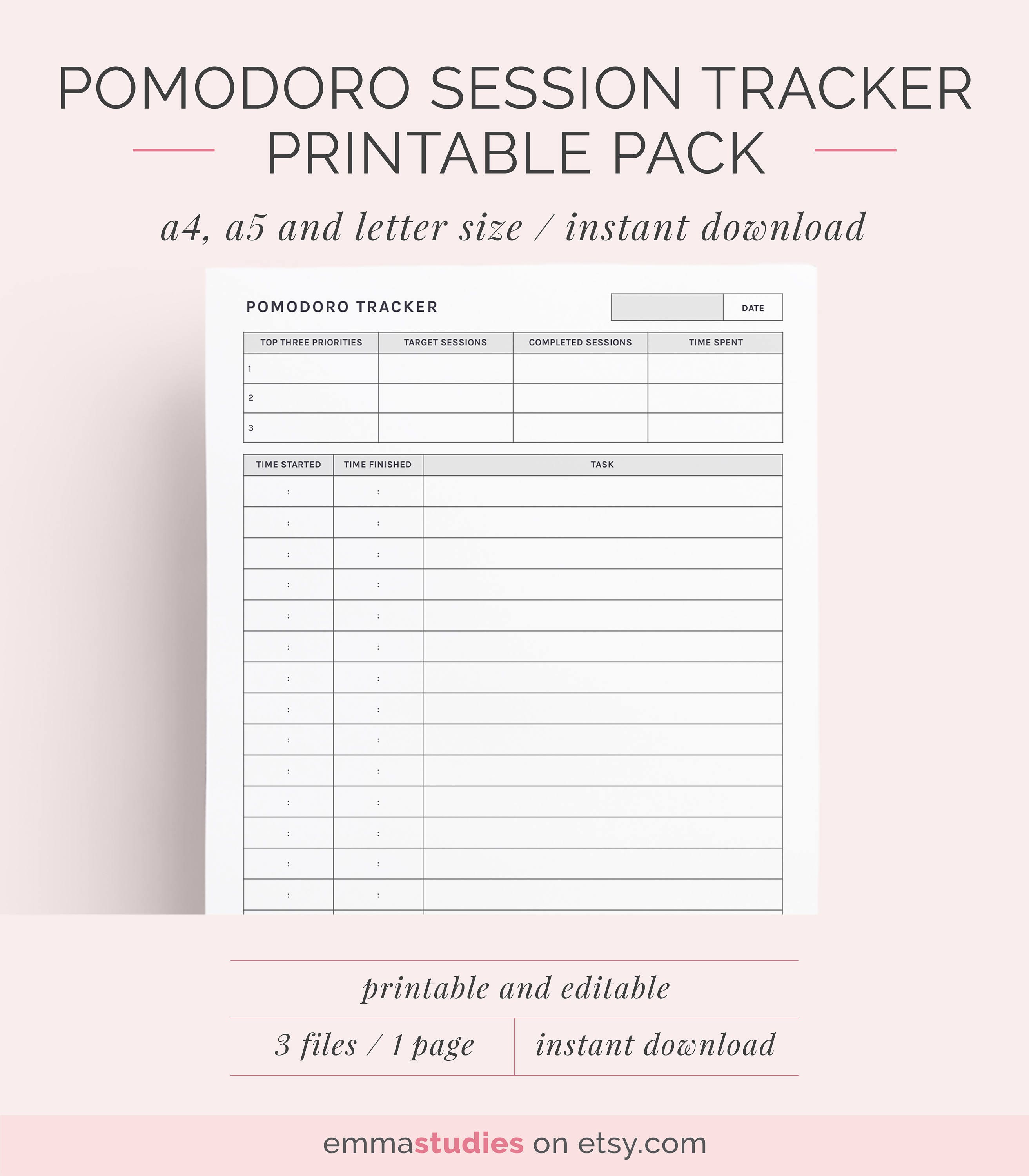 Pomodoro Technique Planner Printable A4 A5 Letter Study