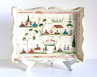 Vintage Mexican Batea Tray, Hand Painted Folk Art, Signed Benito F, c1940's