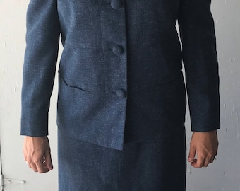 1950's Walda Scott Suit | Women's Vintage Skirt Suit | Vintage Wool Suit | Women's Blue Suit