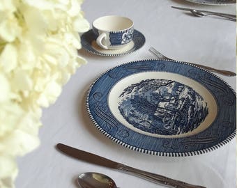 Currier and Ives Dishes // 6 3 Piece Place Settings // Plates Cups Saucers Vintage Dinnerware Set