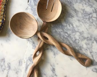 Twisted Wooden Salad Set - 12' Long Hand Carved Wood - Serving Spoons - Made in Africa - Two Salad Serving Set