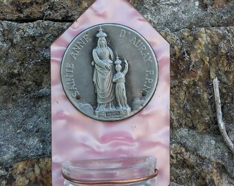 Vintage French Pink Holy Water Font Sainte Anne D'Auray Stoup Benitier Vierge Marie Catholic Virgin Mary Bretagne Britanny Formica Unusual