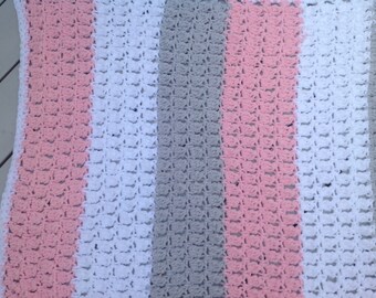 Pink White Crocheted Baby Blanket Afghan Lacey Ruffles