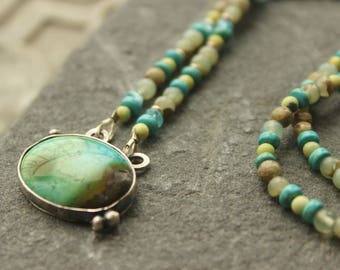 Turquoise Pendant, turquoise and apatite necklace, love heals, metalwork bezel pendant