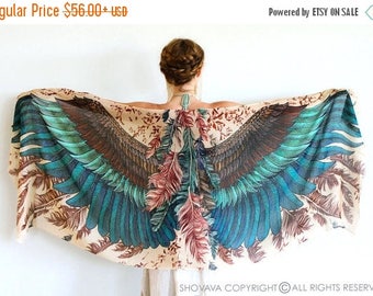 SALE Silk Shawl, Boho Wrap, Womens Cape Scarf, Womens Wrap, Bridesmaid Scarf, Feather Print Wrap, Engagement Gift, Bohemian Shawl, Rustic Sh
