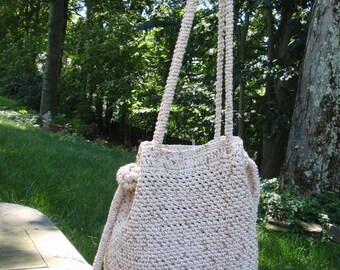 Crochet Cotton Tote Lined with Adjustable Straps Cross Body Neutral