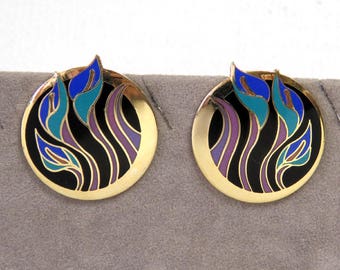 Laurel Burch Earrings/ "Lilies for Les" Purple, Teal Blue, Black Enamel Jewelry/ Pierced Post