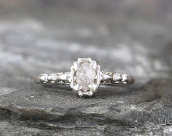 Raw Uncut Rough Diamond Solitaire and Sterling Silver Filigree Ring - Conflict Free Diamond - Antique Styled Engagement Ring