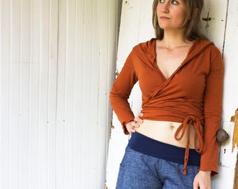 Barcelona Hooded Organic Wrap Top - Adjustable Length Crop Wrap Shirt with Hood - Organic Cotton Blend - Choose Your Color - Eco Fashion