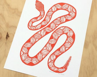 Snake Art, Linocut Print, Snake Print, Lino Print, Southwest Decor, Snake Poster, Rattlesnake, Reptile