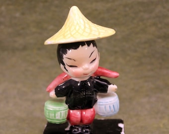 Asian Boy Figurine Water Carrier Norcrest Paper Label Made Japan 1950s Hand Painted T