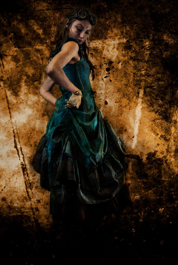 Turquoise Blue Green, Fantasy Dress Hand dyed Brown Marble Patina Dip Dye ombre details Turquoise Blue Green, Fantasy Dress Hand dyed Brown Marble Patina Dip Dye ombre details