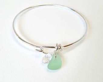 REAL Sea Glass Bracelet, Real Beach Glass Bracelet, Sea Glass Jewelry, Beach Glass Bangle Bracelet,Beach Bracelet, Silver Sea Foam Sea Glass
