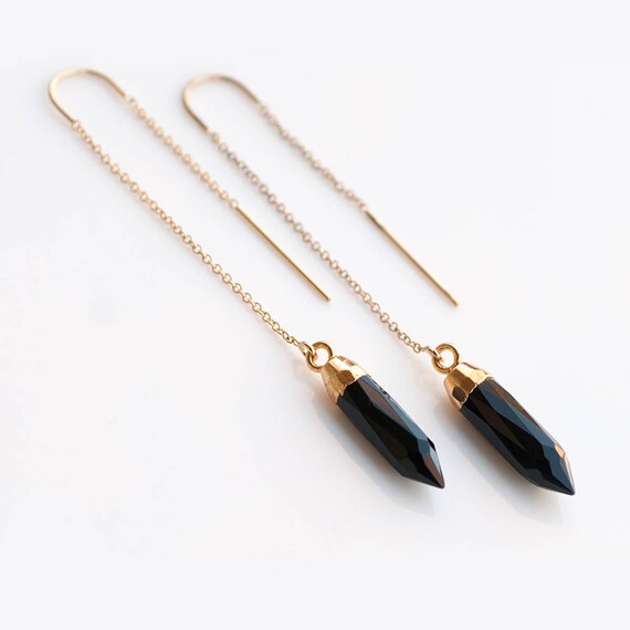 Black Onyx Threader Earrings Gemstone Spike Earrings 14k