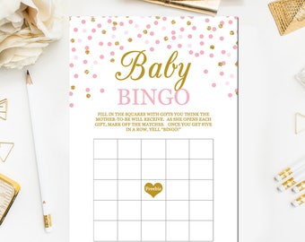 Baby Shower Bingo Game, Pink and Gold Glitter Confetti, Baby Girl Shower Game, Printable, Instant Download BB27