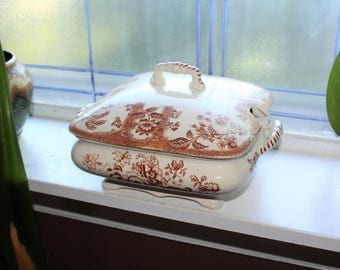 Antique Soup Tureen Brown Transferware Ironstone Covered Dish 1800s