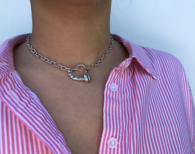 Chain necklace, silver choker, silver necklace, choker necklace, necklace choker, uno de 50, silver plated necklace, heart choker