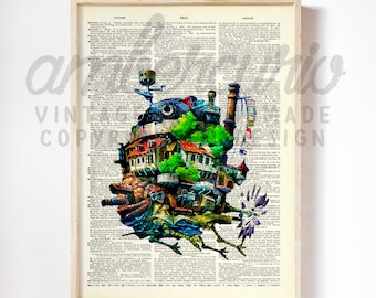 Studio Ghibli Inspired Howl's Moving Castle Anime Film Digital Art Printon an Anituqe Up-Cycled Book Page Unframed