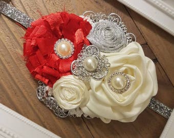 Christmas Headband, Baby Girl Headband, Holiday Headband, Red and Silver Headband, Ivory Headband, Wedding Dress Sash, Ivory and Pearl.