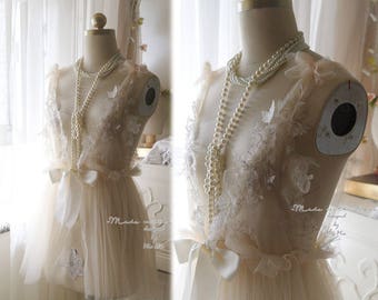 Romantic Fairy Tunic beige Lace Tulle Applique Bridal Wedding Lingerie Dress Nightgown Slip Sheer Dreamy Women's Beach Coverup Sheer Shabby