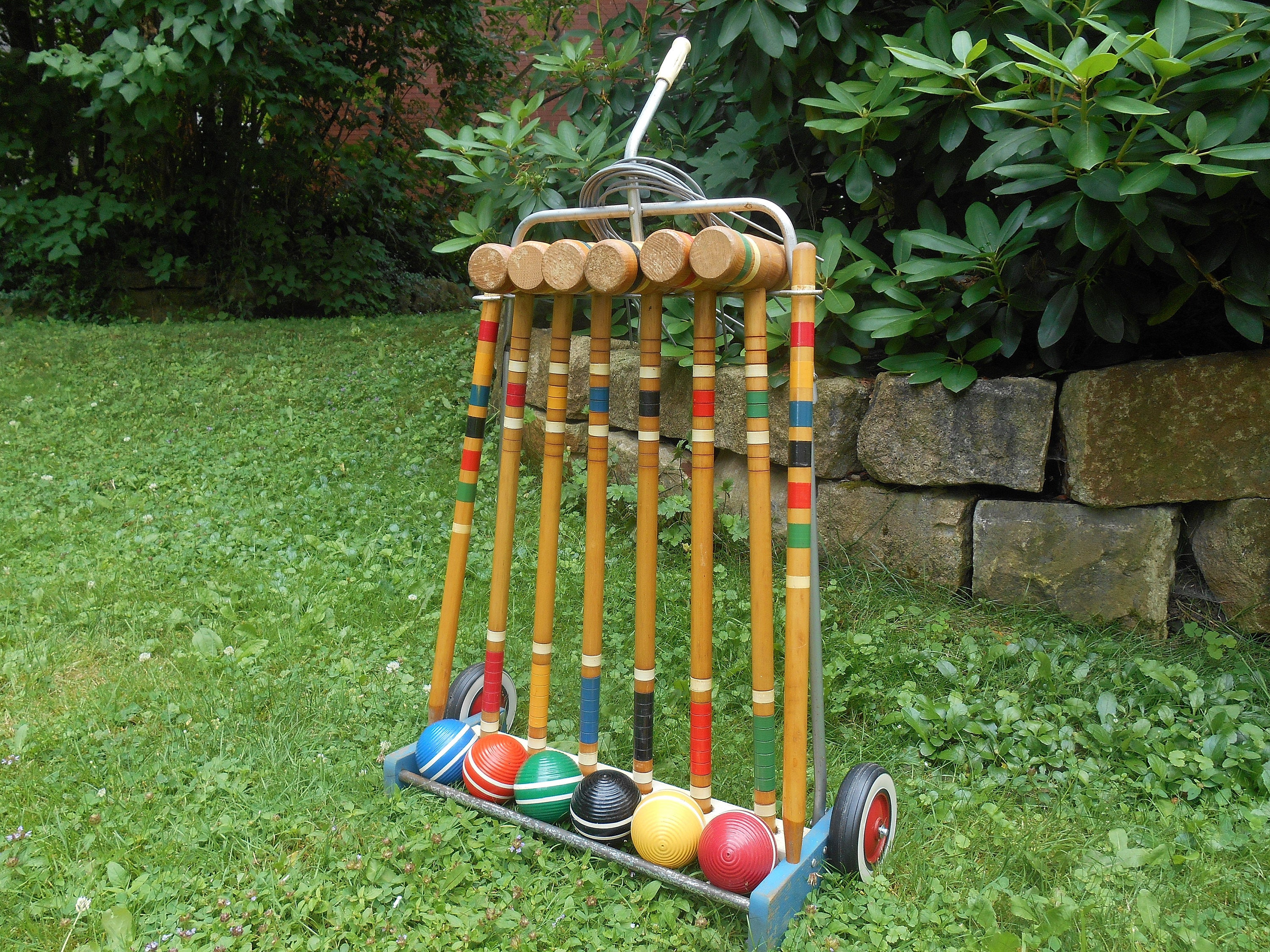 Vintage Complete Croquet Set With Metal Cart Stand On Wheels