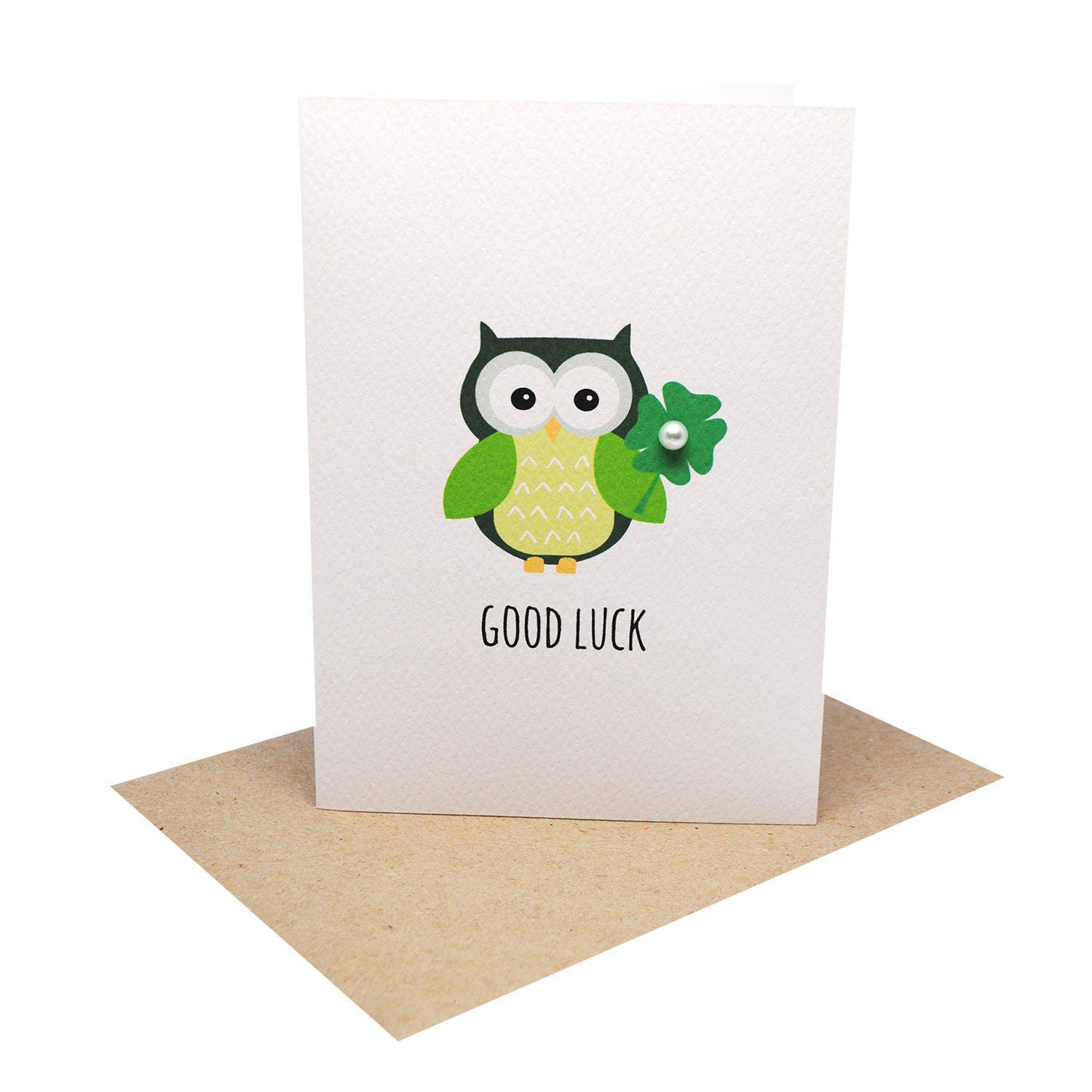 Good Luck Card Green Owl with Lucky Clover Greeting Card