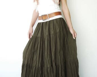NO.5 Olive Green Cotton, Hippie Gypsy Boho Tiered Long Peasant Skirt